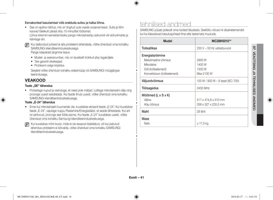 Samsung MC28H5015AK/BA manual Tehnilised andmed, Veakood, Teate „SE tähendus, Teate „E-24 tähendus, Mudel MC28H5015 