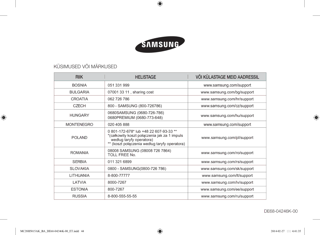 Samsung MC28H5015AK/BA Bosnia, Bulgaria, Croatia, Czech, Hungary, Montenegro, Poland, Romania, Serbia, Lithuania, Estonia 