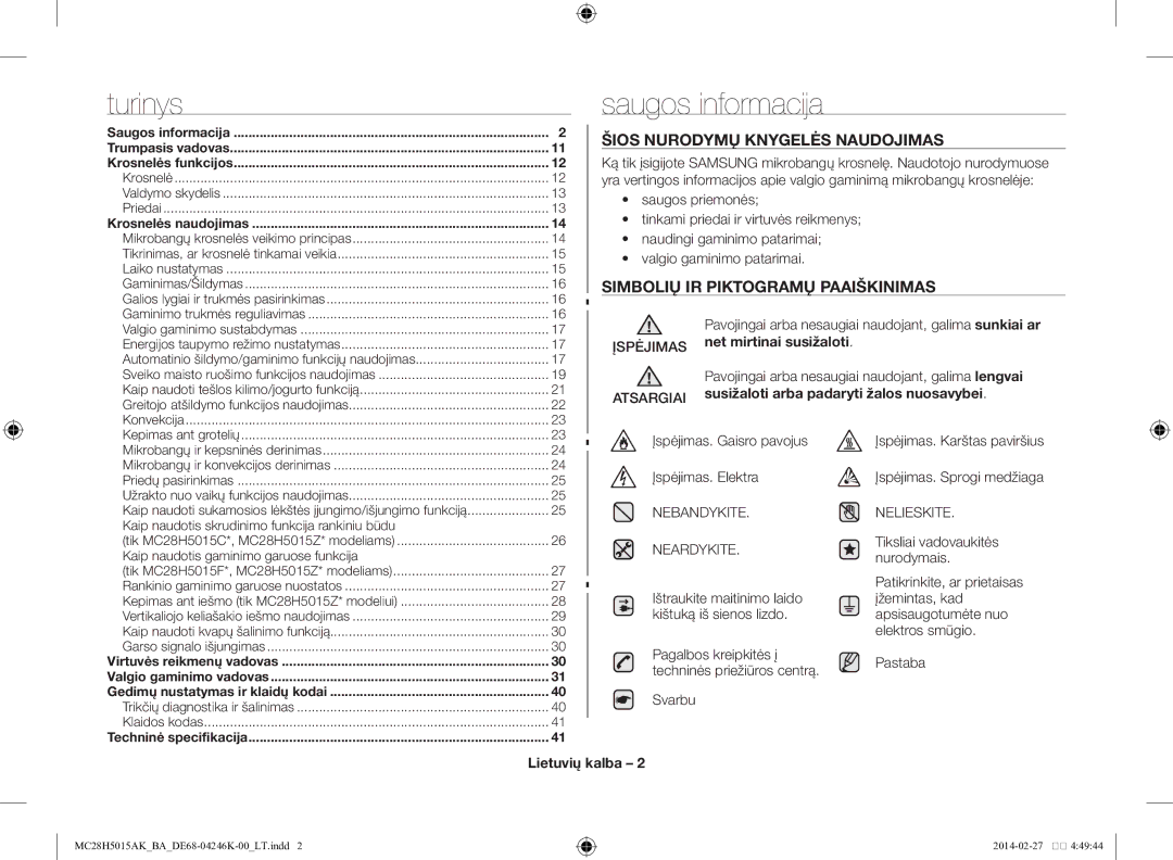 Samsung MC28H5015AK/BA manual Saugos informacija, Šios nurodymų knygelės naudojimas, Simbolių ir piktogramų paaiškinimas 