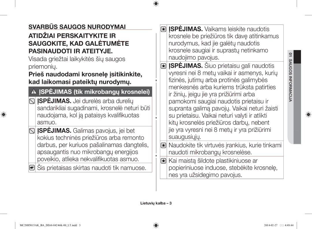 Samsung MC28H5015AK/BA manual 01SAUGOS Informacija 