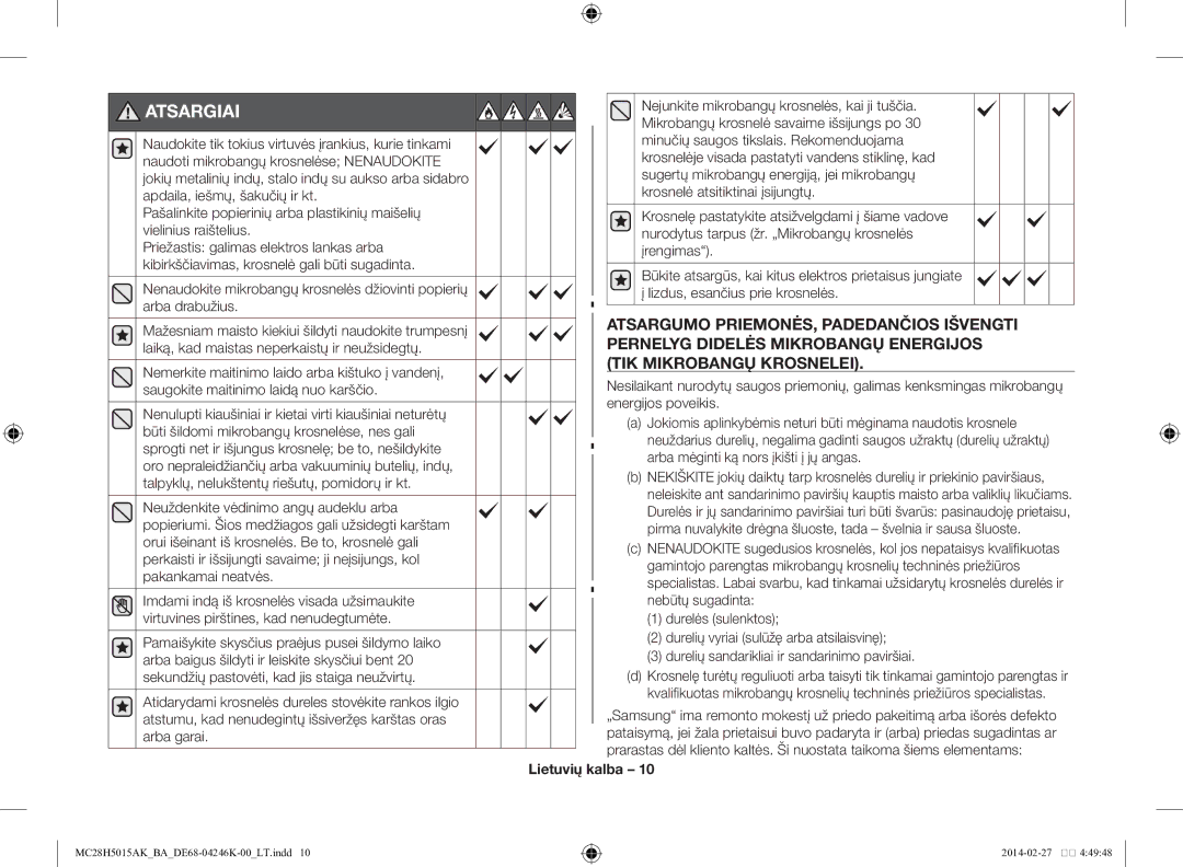 Samsung MC28H5015AK/BA manual Atsargiai 