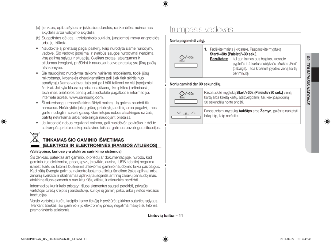 Samsung MC28H5015AK/BA manual Trumpasis vadovas, Noriu pagaminti valgį, Start/+30s Paleisti/+30 sek, 02TRUMPASIS Vadovas 