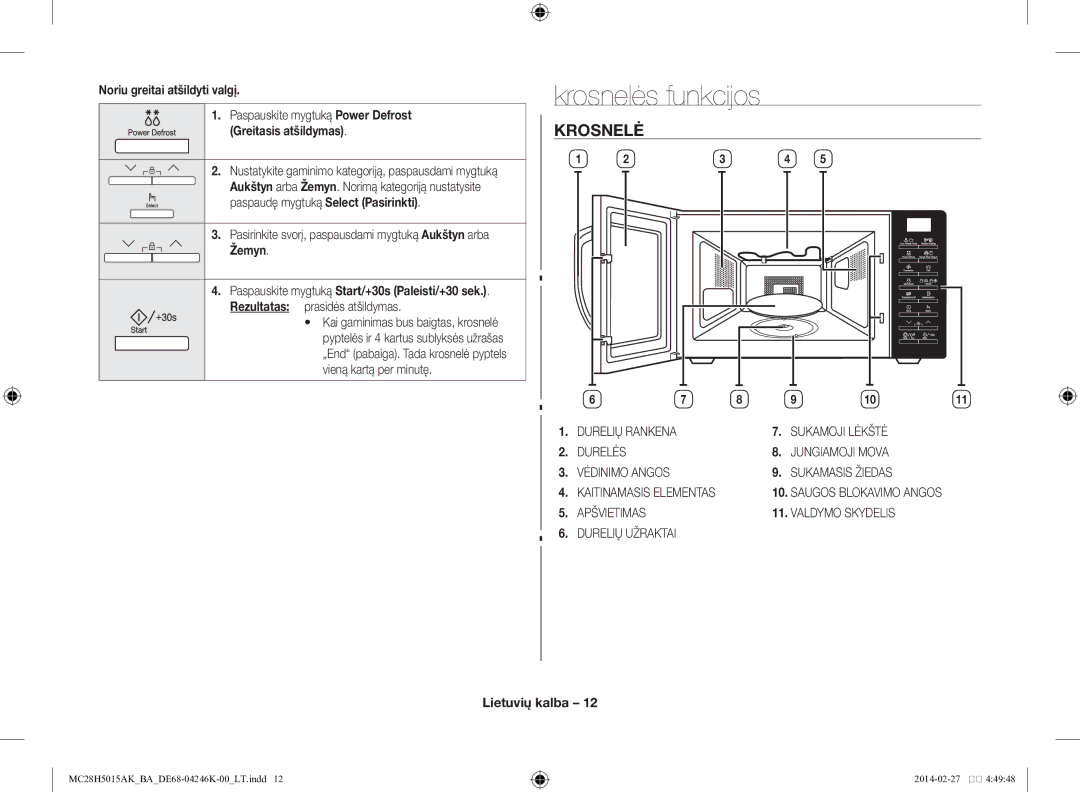 Samsung MC28H5015AK/BA manual Krosnelės funkcijos, Noriu greitai atšildyti valgį, Greitasis atšildymas, Žemyn 