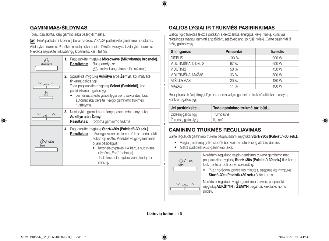 Samsung MC28H5015AK/BA manual Gaminimas/Šildymas, Galios lygiai ir trukmės pasirinkimas, Gaminimo trukmės reguliavimas 