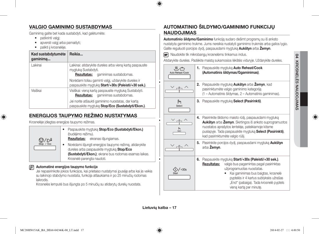 Samsung MC28H5015AK/BA manual Valgio gaminimo sustabdymas, Energijos taupymo režimo nustatymas 