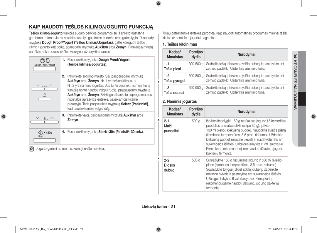 Samsung MC28H5015AK/BA manual Kaip naudoti tešlos kilimo/jogurto funkciją, Tešlos kildinimas, Naminis jogurtas 