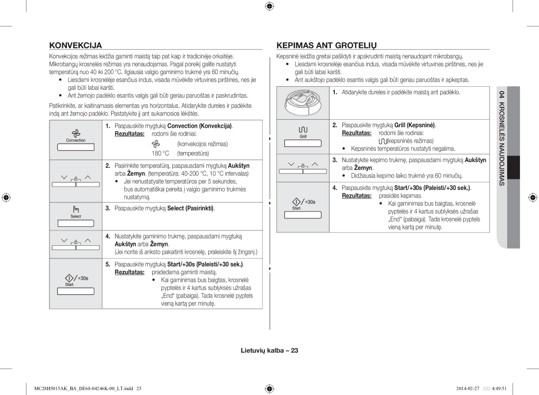 Samsung MC28H5015AK/BA manual Konvekcija, Kepimas ant grotelių 