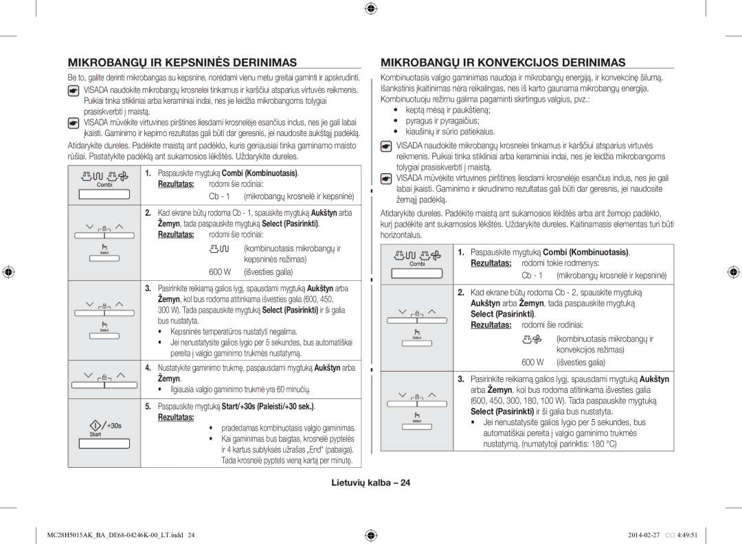 Samsung MC28H5015AK/BA manual Paspauskite mygtuką Combi Kombinuotasis 