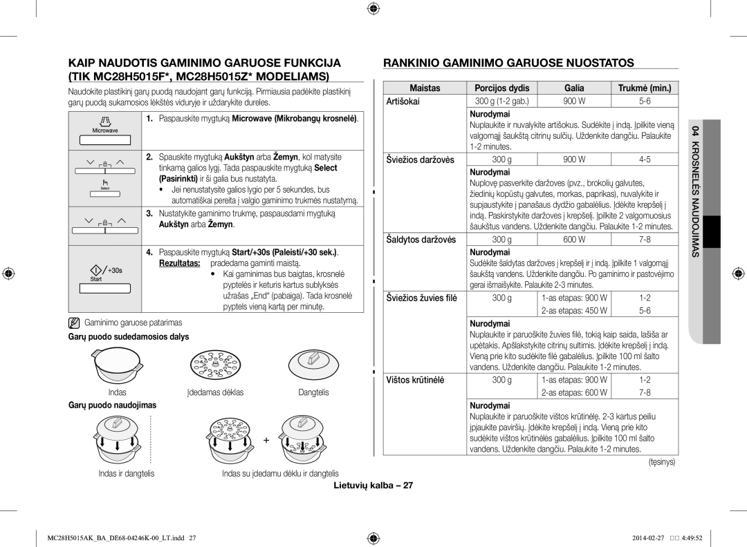 Samsung MC28H5015AK/BA manual Rankinio gaminimo garuose nuostatos 