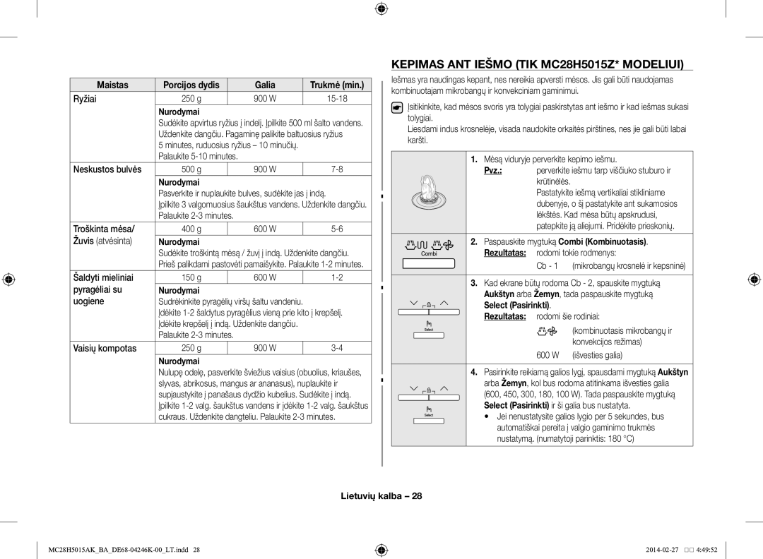 Samsung MC28H5015AK/BA manual Kepimas ant iešmo tik MC28H5015Z* modeliui 