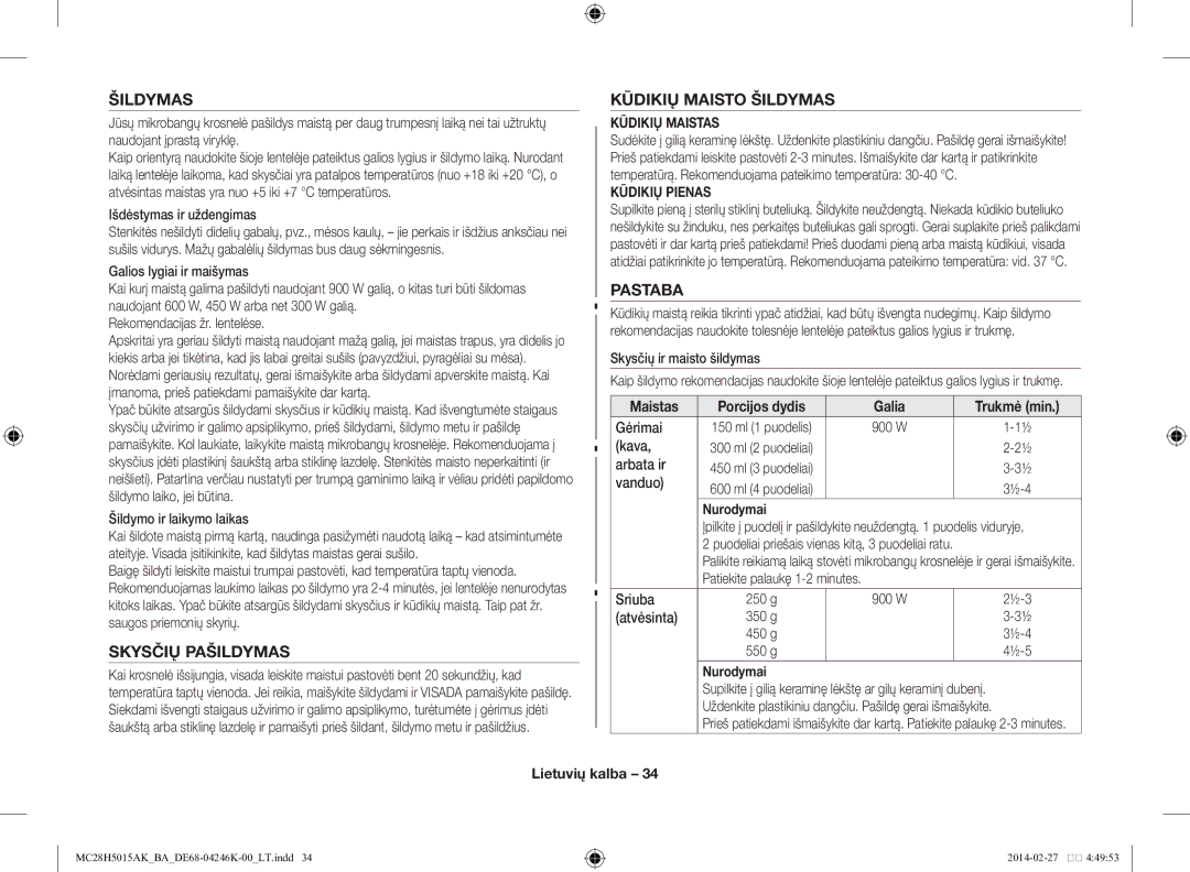 Samsung MC28H5015AK/BA manual Skysčių Pašildymas, Kūdikių Maisto Šildymas, Pastaba 