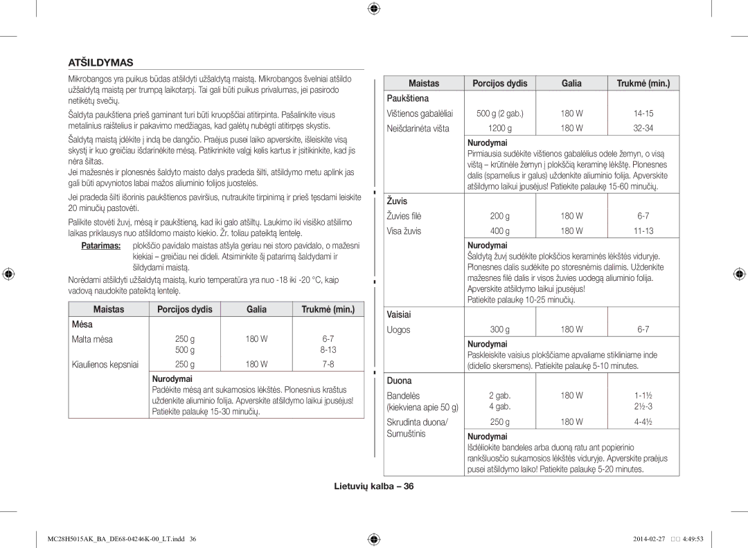 Samsung MC28H5015AK/BA manual Atšildymas 