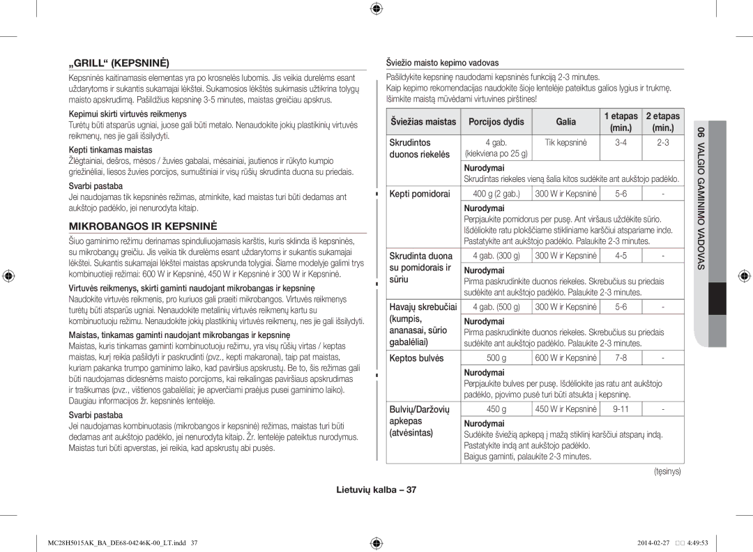 Samsung MC28H5015AK/BA manual „GRILL Kepsninė, Mikrobangos IR Kepsninė 