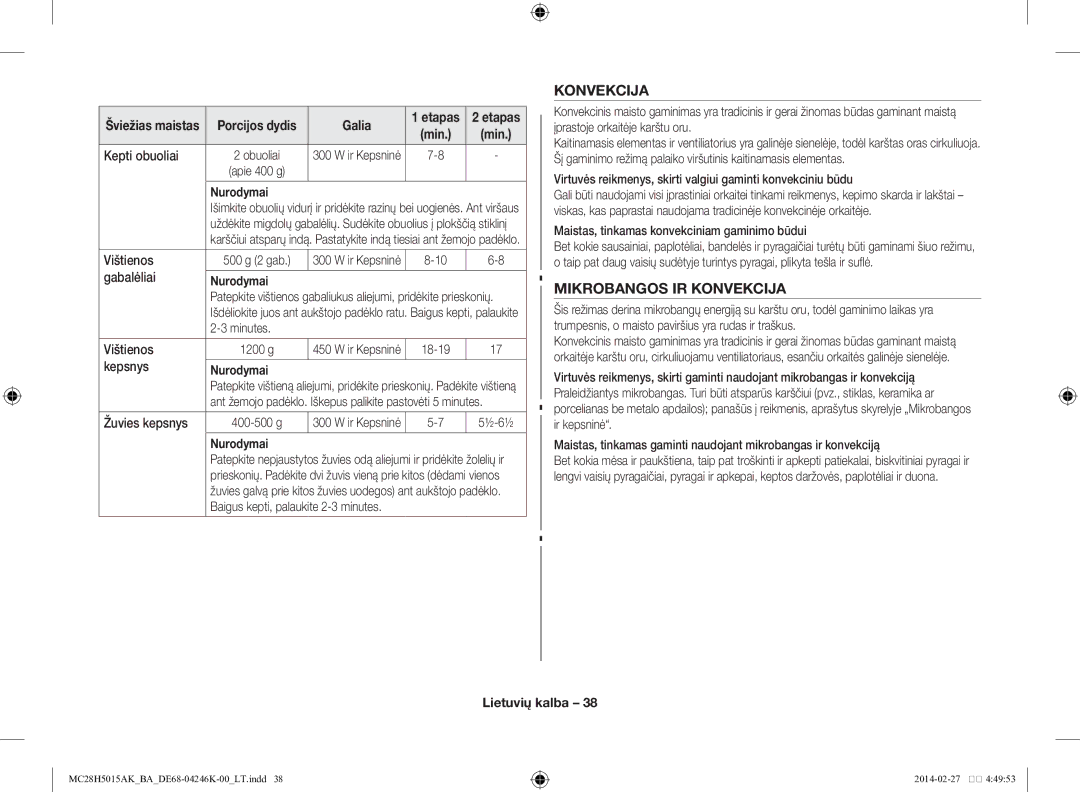 Samsung MC28H5015AK/BA manual Mikrobangos IR Konvekcija 