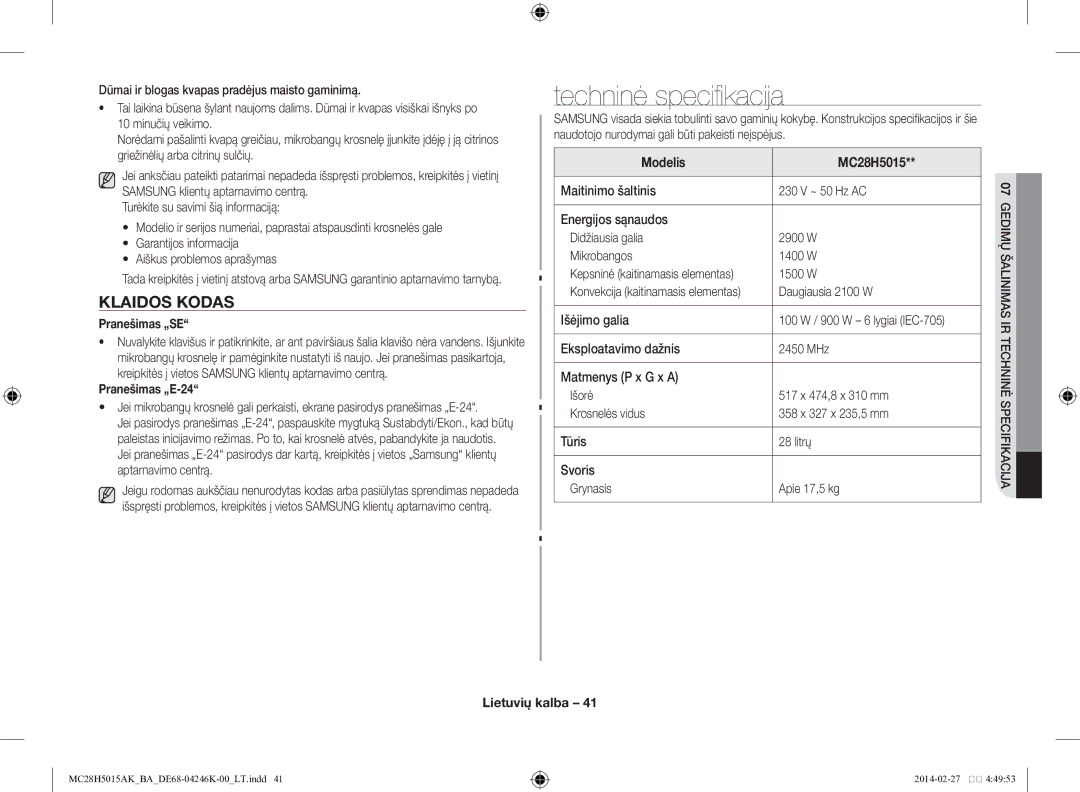 Samsung MC28H5015AK/BA manual Techninė specifikacija, Klaidos kodas, Pranešimas „SE, Pranešimas „E-24, Modelis MC28H5015 