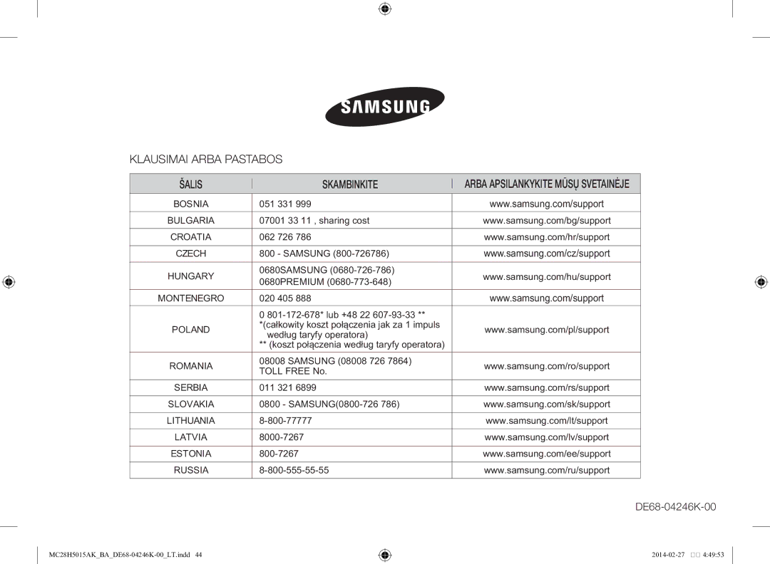 Samsung MC28H5015AK/BA manual Klausimai Arba Pastabos Šalis Skambinkite, Latvia 