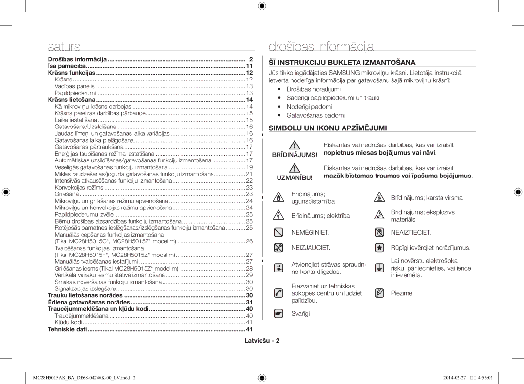 Samsung MC28H5015AK/BA Drošības informācija, Šī instrukciju bukleta izmantošana, Simbolu un ikonu apzīmējumi, Latviešu 