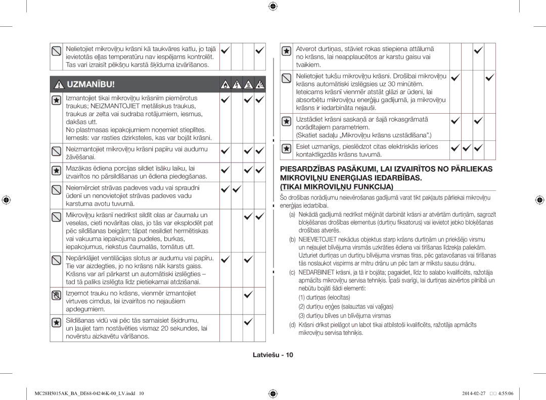 Samsung MC28H5015AK/BA manual Uzmanību, Neizmantojiet mikroviļņu krāsni papīru vai audumu žāvēšanai 