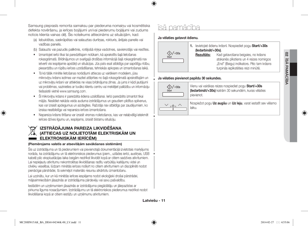 Samsung MC28H5015AK/BA Īsā pamācība, Ja vēlaties gatavot ēdienu, Ja vēlaties pievienot papildu 30 sekundes, ĪSĀ02PAMĀCĪBA 