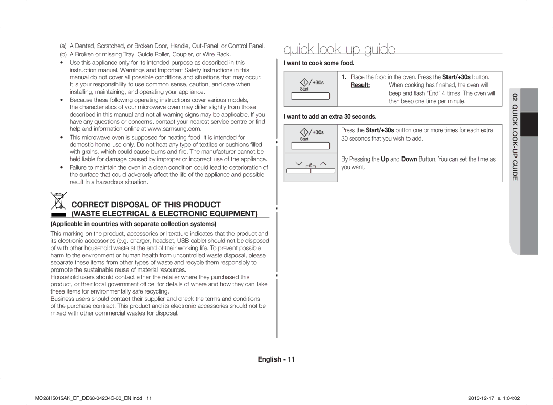 Samsung MC28H5015CW/EF, MC28H5015AK/EG manual Quick look-up guide, Want to cook some food, Want to add an extra 30 seconds 