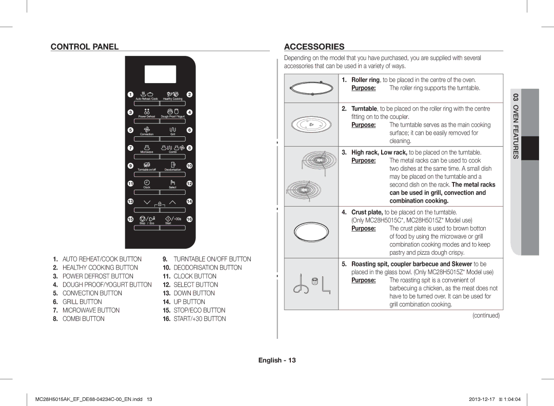 Samsung MC28H5015AK/EF, MC28H5015AK/EG, MC28H5015CK/EF, MC28H5015AW/EF, MC28H5015AS/EN manual Control Panel, Accessories 