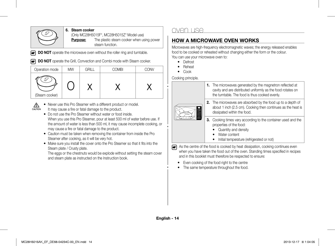 Samsung MC28H5015CK/EF, MC28H5015AK/EG, MC28H5015AK/EF, MC28H5015AW/EF Oven use, HOW a Microwave Oven Works, Steam cooker 