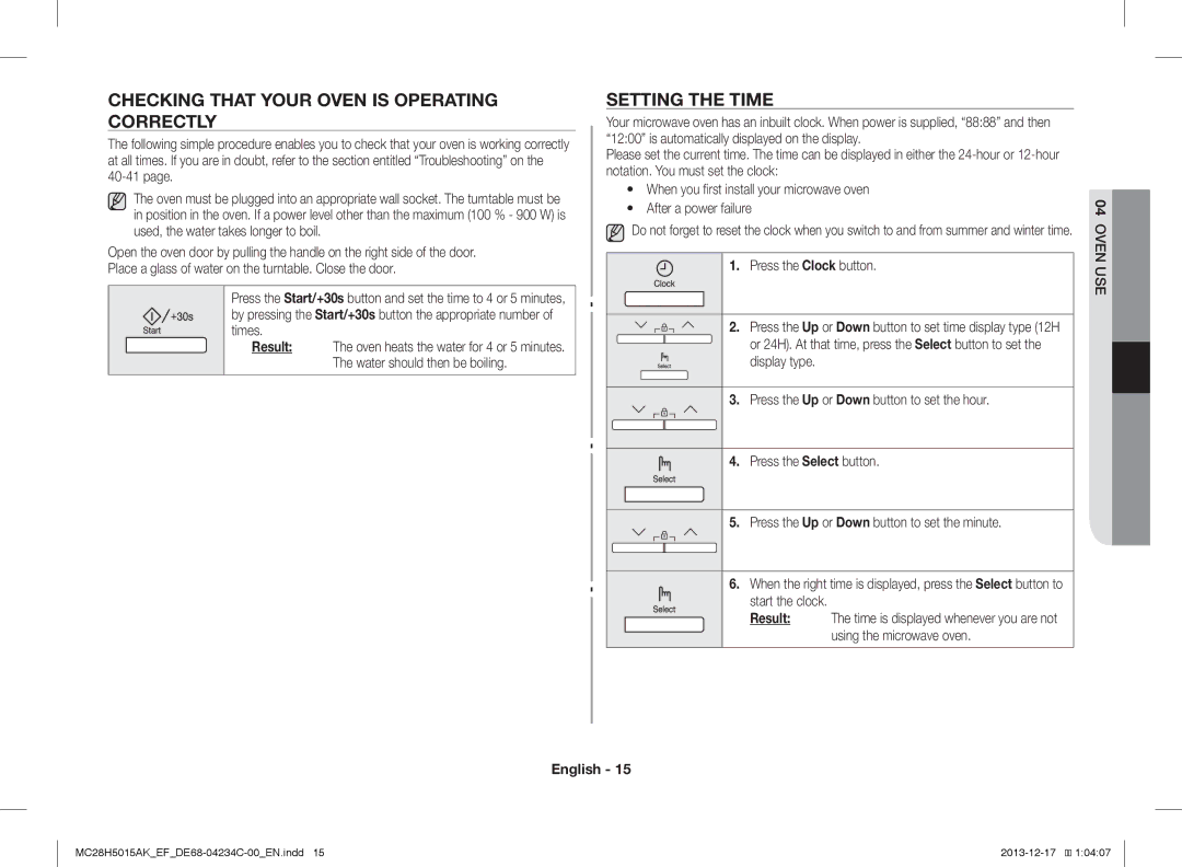 Samsung MC28H5015AW/EF Checking That Your Oven is Operating Correctly, Setting the Time, Result, Press the Clock button 