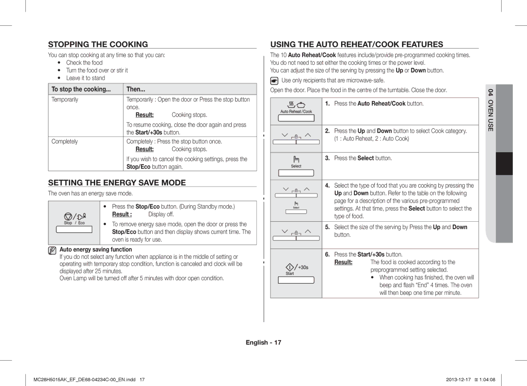 Samsung MC28H5015CW/EF manual Stopping the Cooking, Setting the Energy Save Mode, Using the Auto REHEAT/COOK Features 