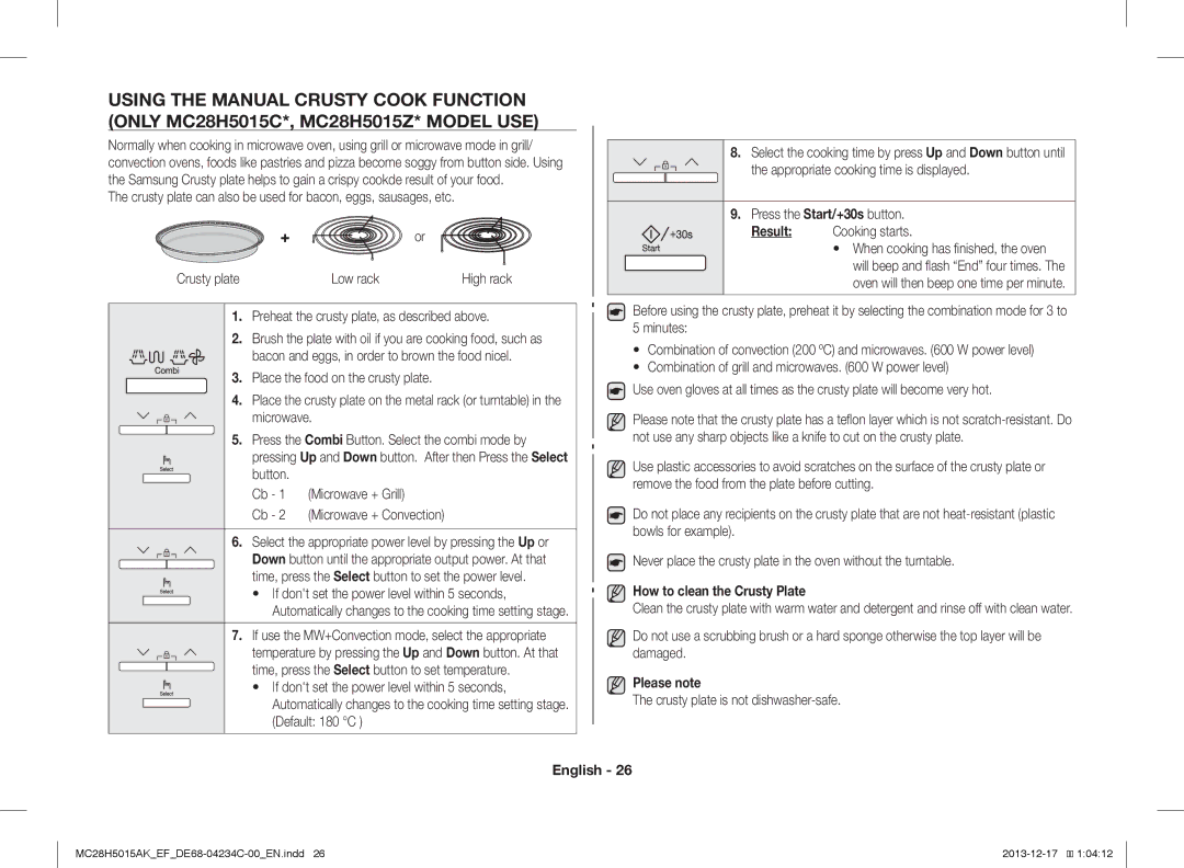 Samsung MC28H5015CK/EF manual Preheat the crusty plate, as described above, How to clean the Crusty Plate, Please note 