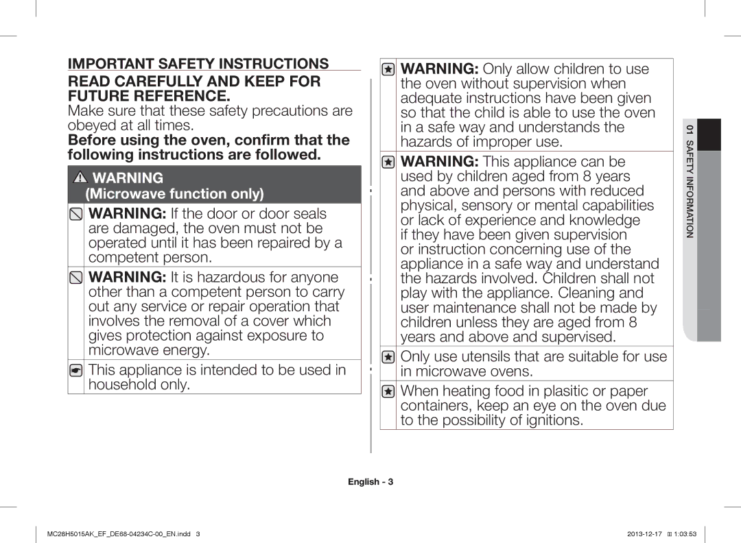 Samsung MC28H5015AW/EF, MC28H5015AK/EG, MC28H5015AK/EF, MC28H5015CK/EF manual Read Carefully and Keep for Future Reference 