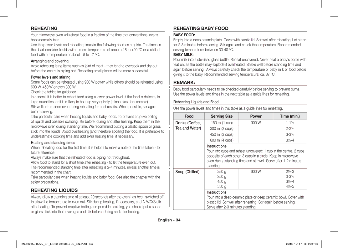 Samsung MC28H5015AS/EN, MC28H5015AK/EG, MC28H5015AK/EF manual Reheating Reheating Baby Food, Remark, Reheating Liquids 