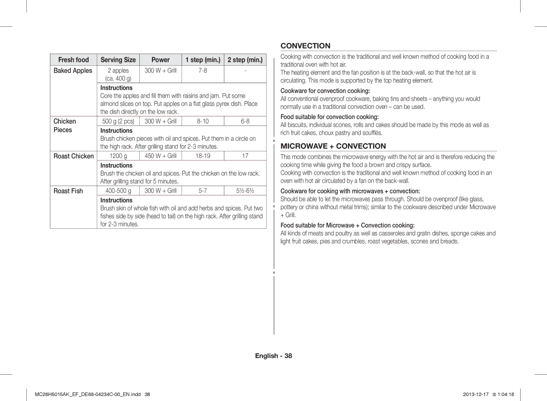 Samsung MC28H5015CK/EF, MC28H5015AK/EG, MC28H5015AK/EF, MC28H5015AW/EF, MC28H5015AS/EN manual Microwave + Convection 