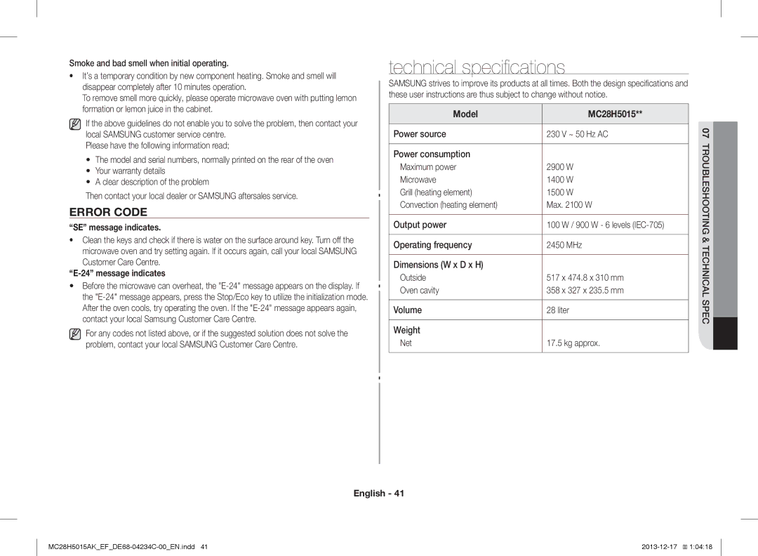 Samsung MC28H5015CW/EF Technical specifications, Error Code, SE message indicates, Message indicates, Model MC28H5015 