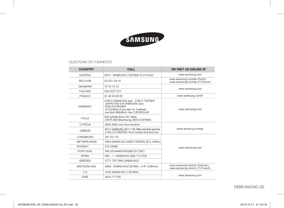 Samsung MC28H5015AK/EG, MC28H5015AK/EF, MC28H5015CK/EF, MC28H5015AW/EF, MC28H5015AS/EN, MC28H5015CW/EF manual DE68-04234C-00 