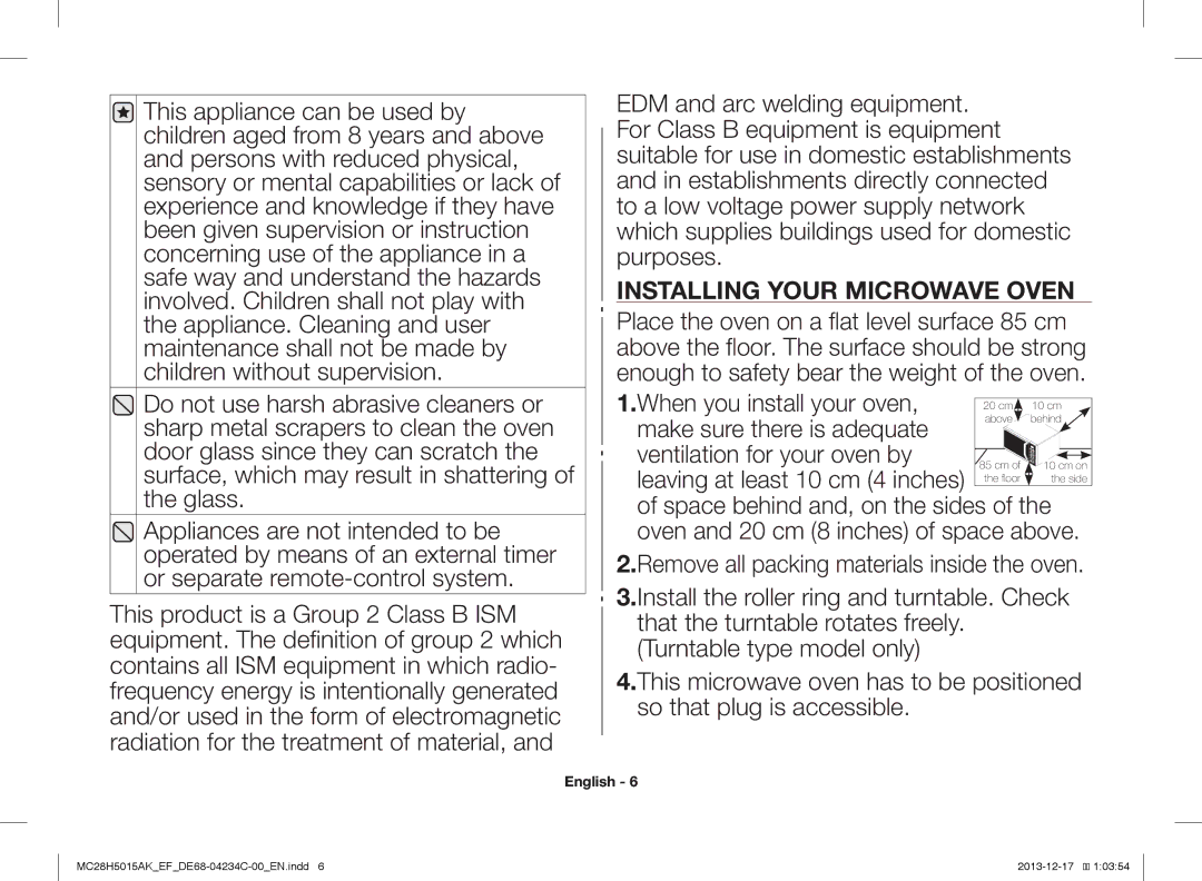 Samsung MC28H5015AK/EG, MC28H5015AK/EF, MC28H5015CK/EF, MC28H5015AW/EF, MC28H5015AS/EN manual Installing Your Microwave Oven 