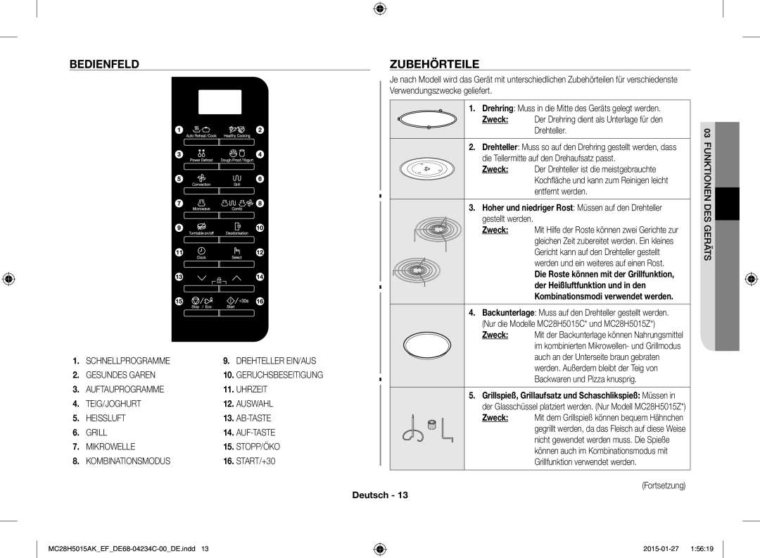 Samsung MC28H5015CW/EF Bedienfeld Zubehörteile, Zweck Der Drehring dient als Unterlage für den Drehteller, Fortsetzung 