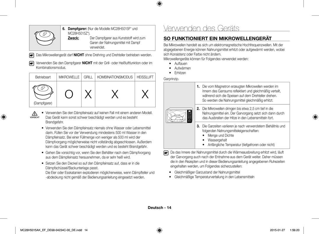 Samsung MC28H5015AK/EG, MC28H5015AK/EF, MC28H5015CK/EF manual Verwenden des Geräts, SO Funktioniert EIN Mikrowellengerät 