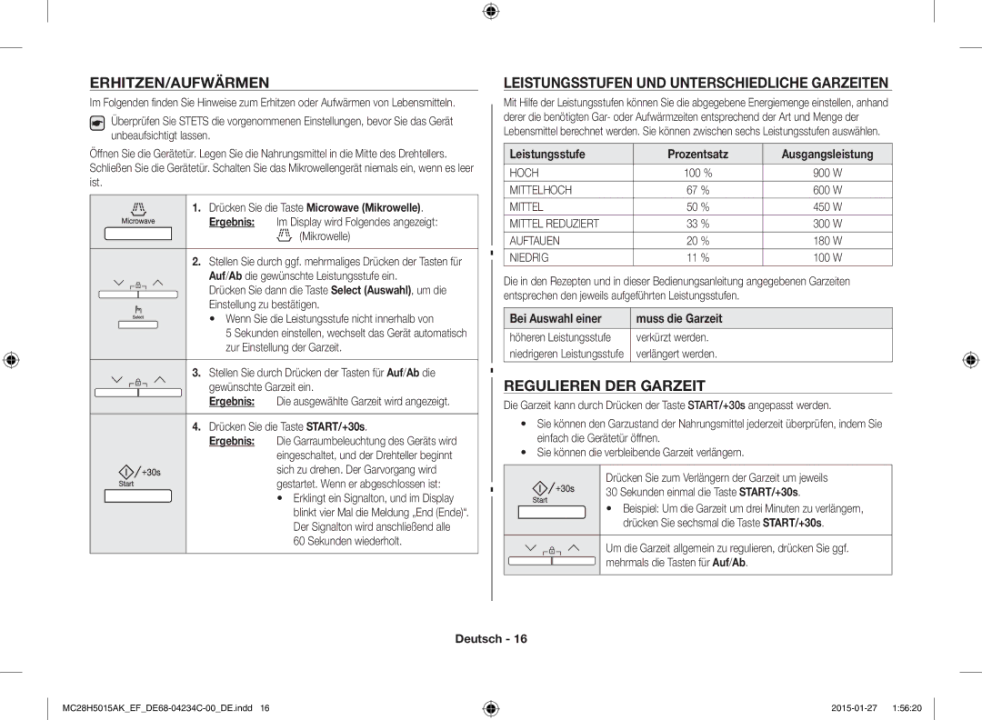 Samsung MC28H5015CK/EF manual Erhitzen/Aufwärmen, Leistungsstufen UND Unterschiedliche Garzeiten, Regulieren DER Garzeit 