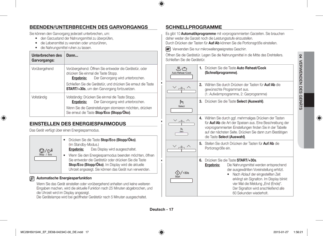 Samsung MC28H5015AW/EF manual BEENDEN/UNTERBRECHEN DES Garvorgangs, Einstellen DES Energiesparmodus, Schnellprogramme 