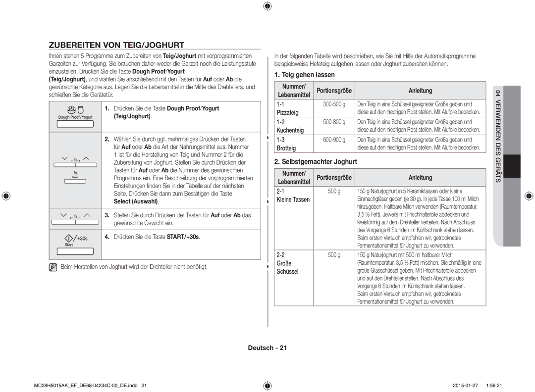 Samsung MC28H5015AK/EF, MC28H5015AK/EG manual Zubereiten VON TEIG/JOGHURT, Teig gehen lassen, Selbstgemachter Joghurt 