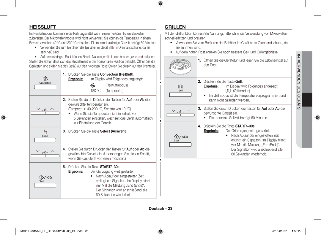 Samsung MC28H5015AW/EF, MC28H5015AK/EG, MC28H5015AK/EF, MC28H5015CK/EF, MC28H5015AS/EN, MC28H5015CW/EF manual Heissluft, Grillen 