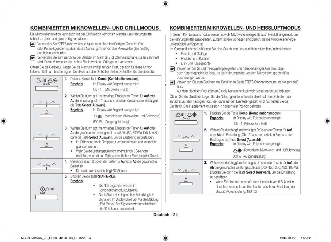 Samsung MC28H5015AS/EN manual Kombinierter MIKROWELLEN- UND Grillmodus, Kombinierter MIKROWELLEN- UND Heissluftmodus 