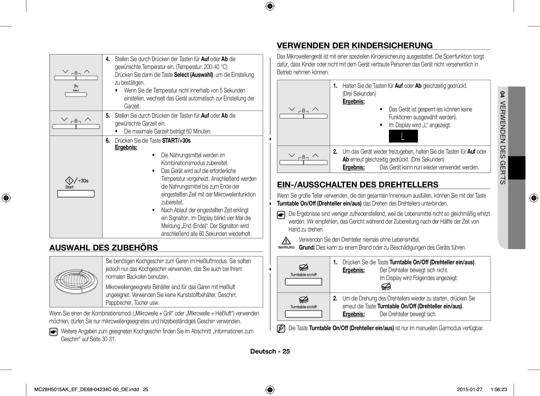 Samsung MC28H5015CW/EF manual Auswahl DES Zubehörs, Verwenden DER Kindersicherung, EIN-/AUSSCHALTEN DES Drehtellers 