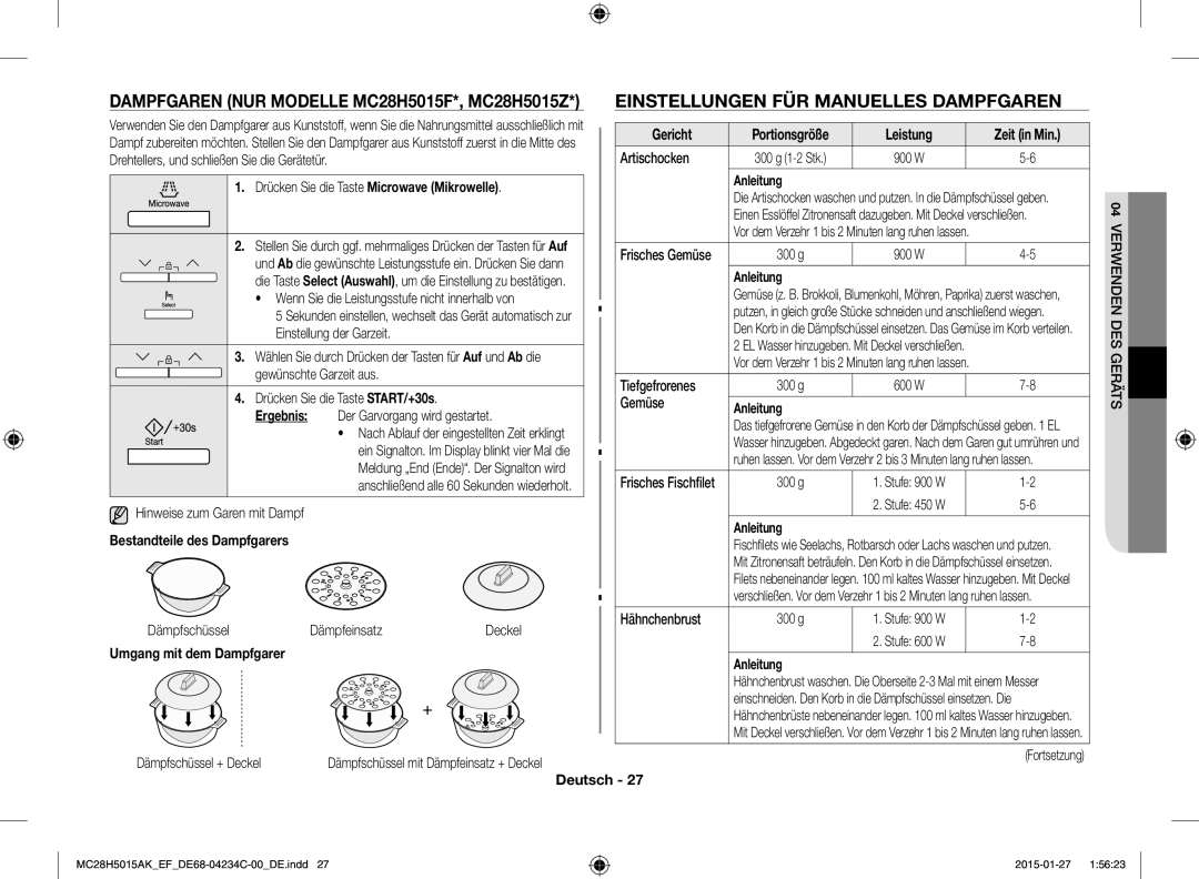 Samsung MC28H5015AK/EF Drücken Sie die Taste Microwave Mikrowelle, Bestandteile des Dampfgarers, Leistung Zeit in Min 
