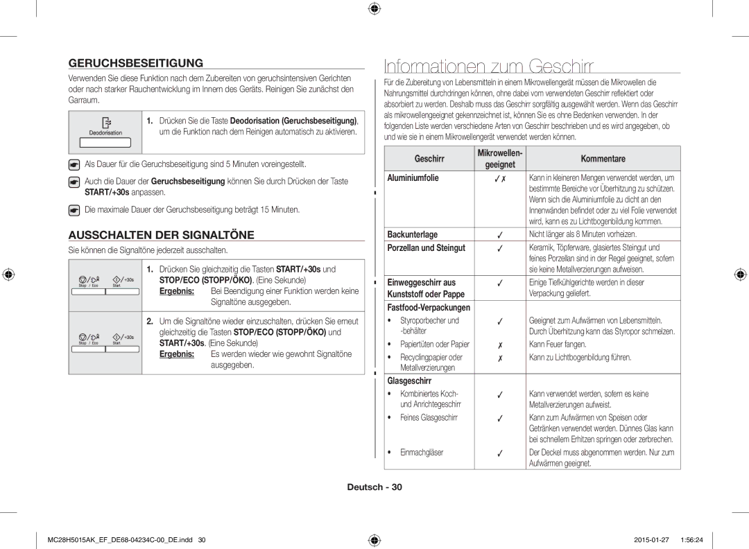 Samsung MC28H5015AS/EN, MC28H5015AK/EG manual Informationen zum Geschirr, Geruchsbeseitigung, Ausschalten DER Signaltöne 