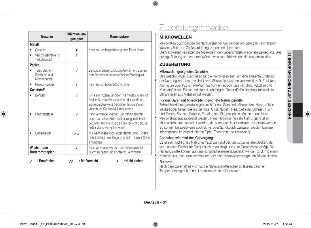 Samsung MC28H5015CW/EF, MC28H5015AK/EG, MC28H5015AK/EF, MC28H5015CK/EF, MC28H5015AW/EF manual Zubereitungshinweise, Mikrowellen 