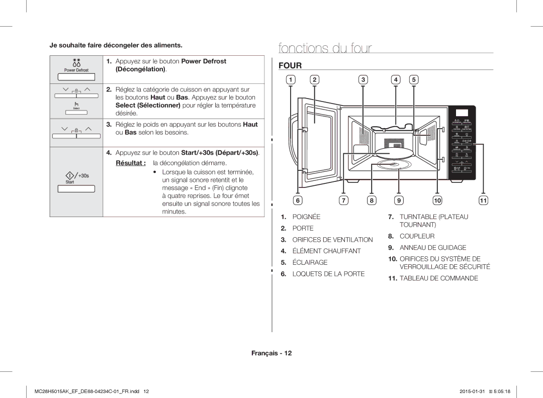 Samsung MC28H5015AK/EG, MC28H5015AK/EF, MC28H5015CK/EF Fonctions du four, Four, Je souhaite faire décongeler des aliments 