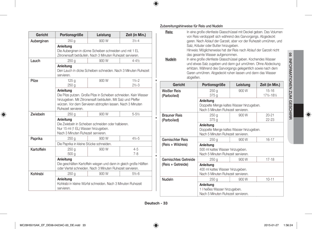 Samsung MC28H5015AK/EF, MC28H5015AK/EG, MC28H5015CK/EF, MC28H5015AW/EF manual Reis, Nudeln, Informationen ZUM Geschirr 