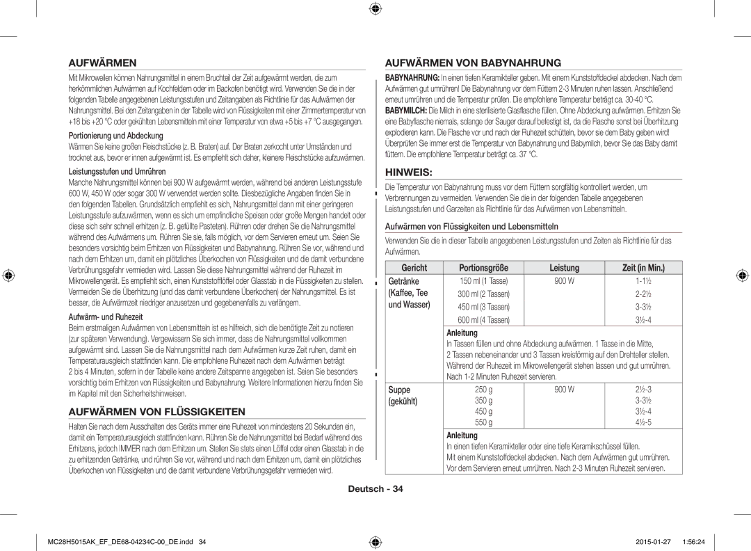 Samsung MC28H5015CK/EF, MC28H5015AK/EG, MC28H5015AK/EF Aufwärmen VON Flüssigkeiten, Aufwärmen VON Babynahrung, Hinweis 