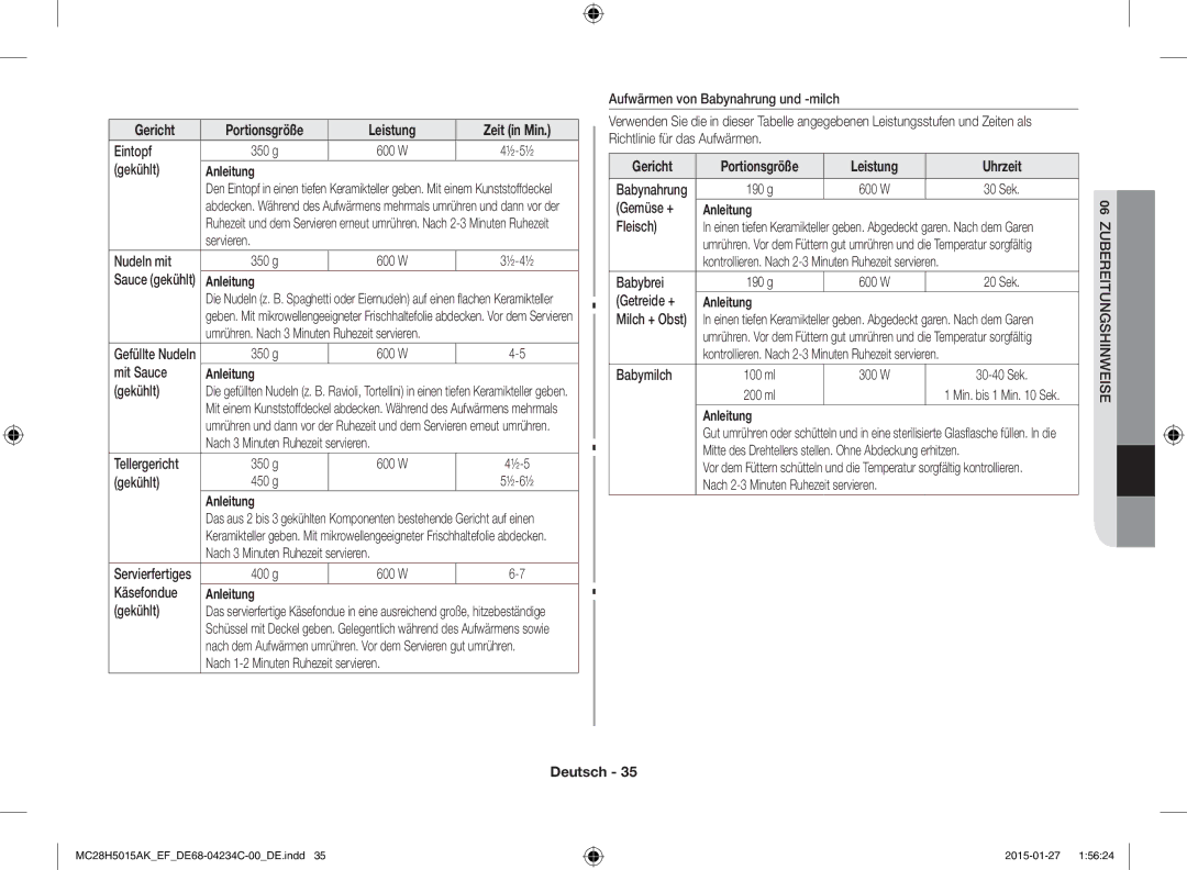 Samsung MC28H5015AW/EF, MC28H5015AK/EG, MC28H5015AK/EF, MC28H5015CK/EF, MC28H5015AS/EN Leistung Uhrzeit, Zubereitungshinweise 